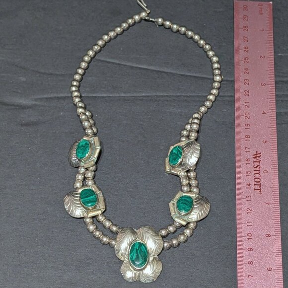 Jewelry - Lg Estate 1960s Native Mexican Malachite Dbl Strand Sterling Silver 18" Necklace
